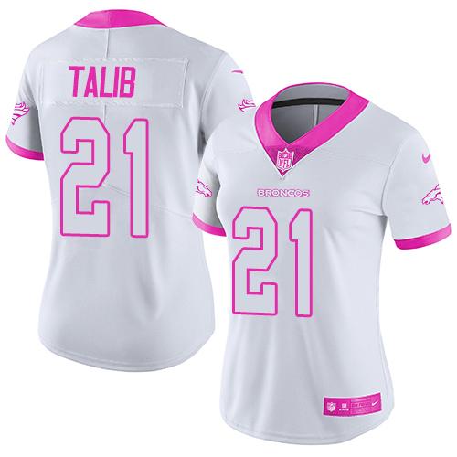 Nike Broncos #21 Aqib Talib White/Pink Women's Stitched NFL Limited Rush Fashion Jersey - Click Image to Close
